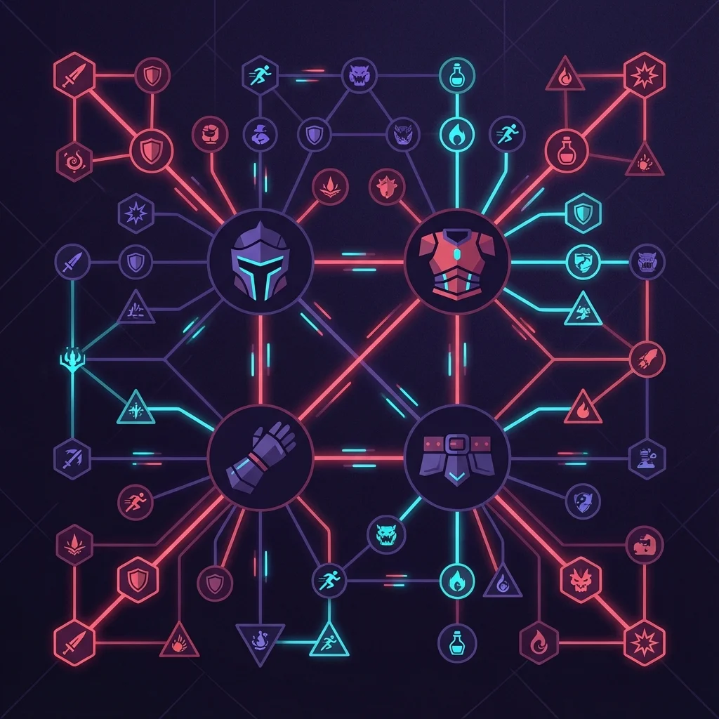 MH Wilds skill optimization dashboard showing interconnected armor skills and build synergies